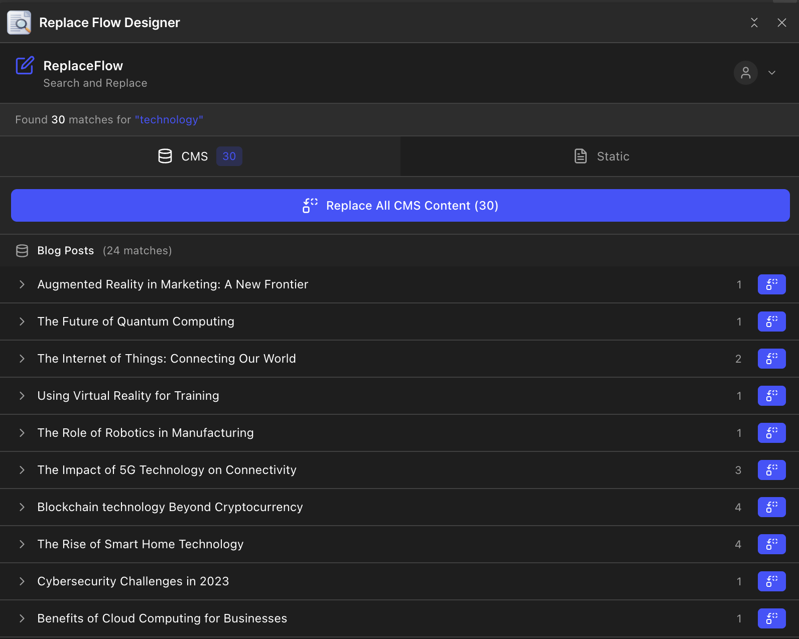 ReplaceFlow Designer Extension - CMS Results